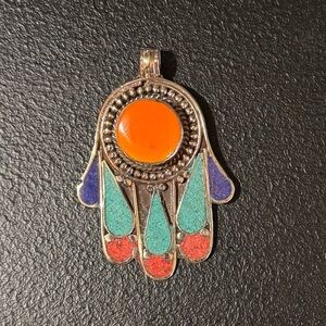 Vintage Tibetan Hamsa Hand Pendant Coral Turquoise Boho Protection Charm